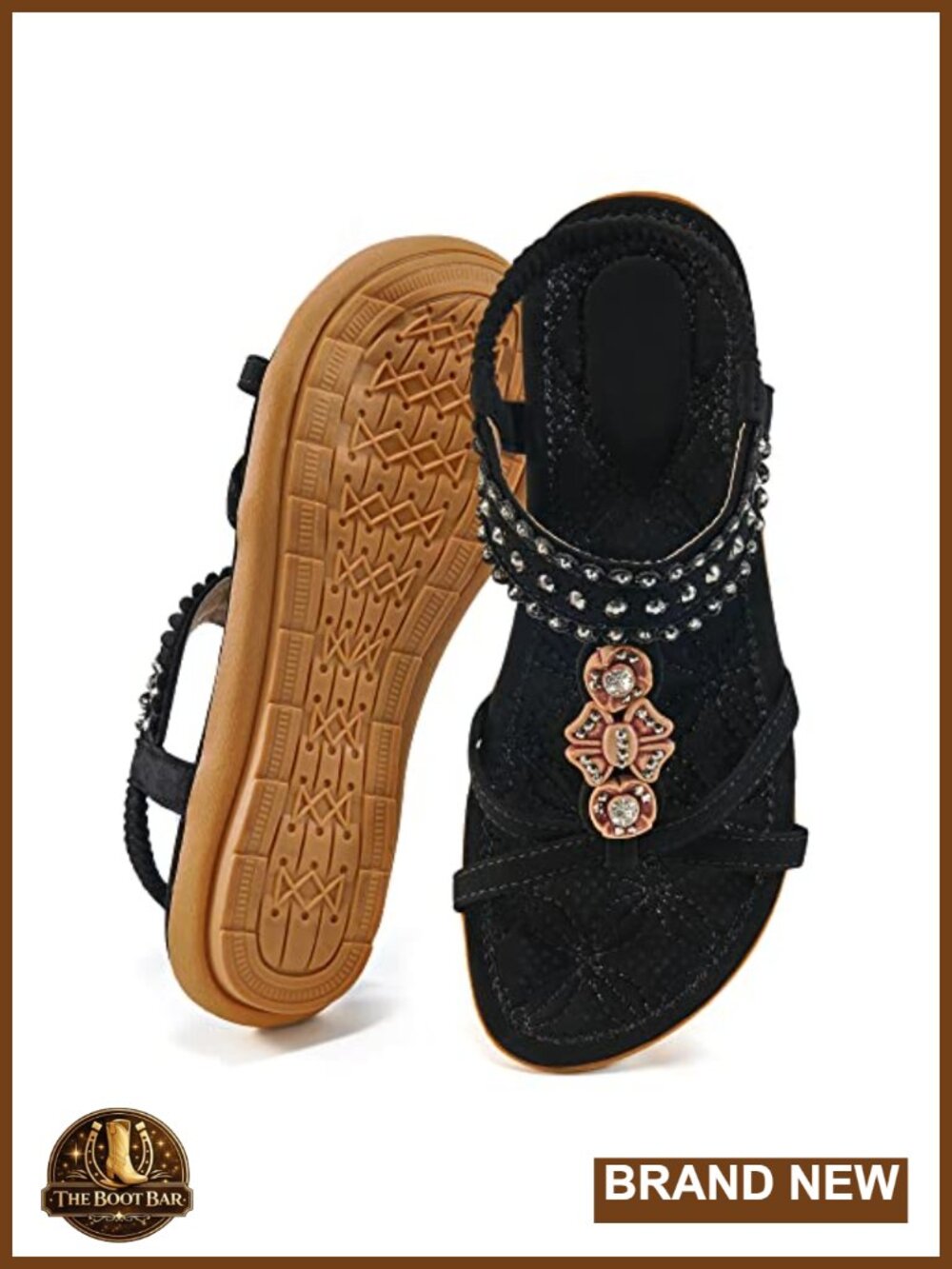 Womens Flat Sandals Rhinestone Boho Slip On Elastic Strappy Summer Shoes